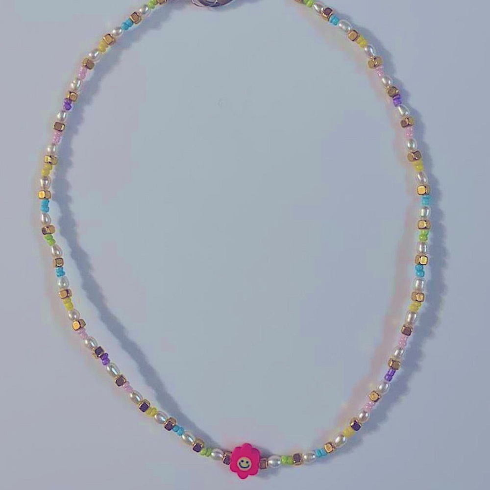 Multicolored smiley face flower charm necklace w/ mini natural freshwater pearls